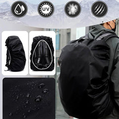 Backpack rain cover folded and fitted over various bags
