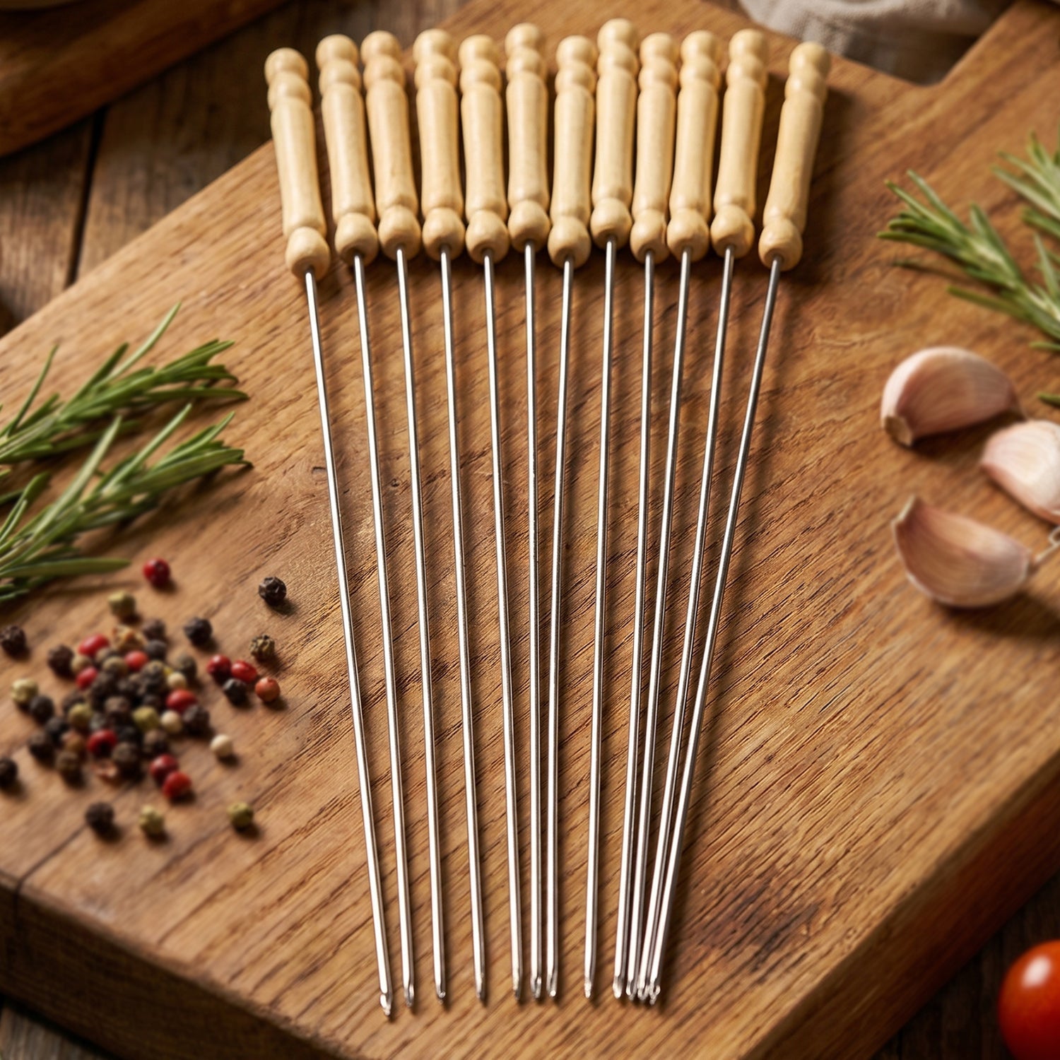 Stainless Steel BBQ Skewers with Wooden Handle (12 Pc)