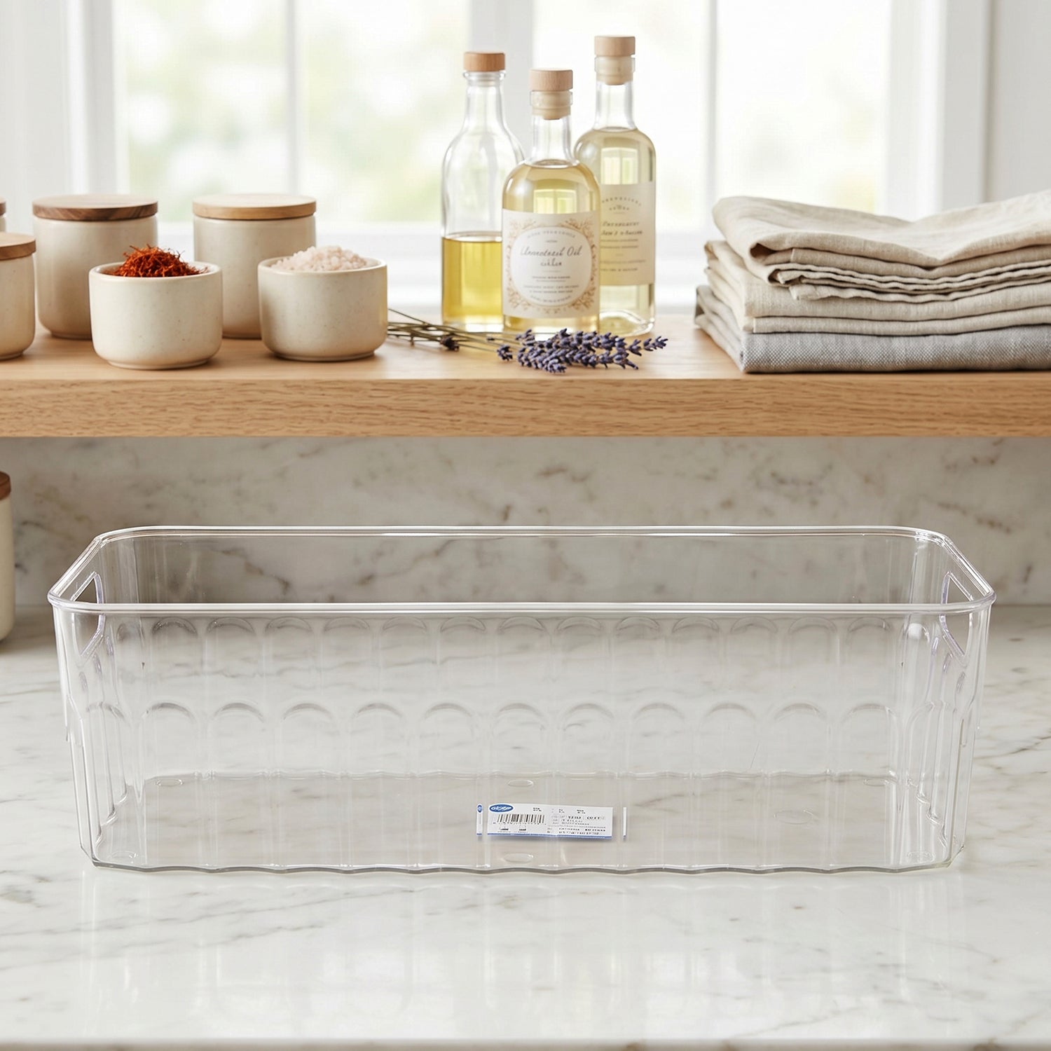 Cleanable transparent basket ideal for sorting grocery items.