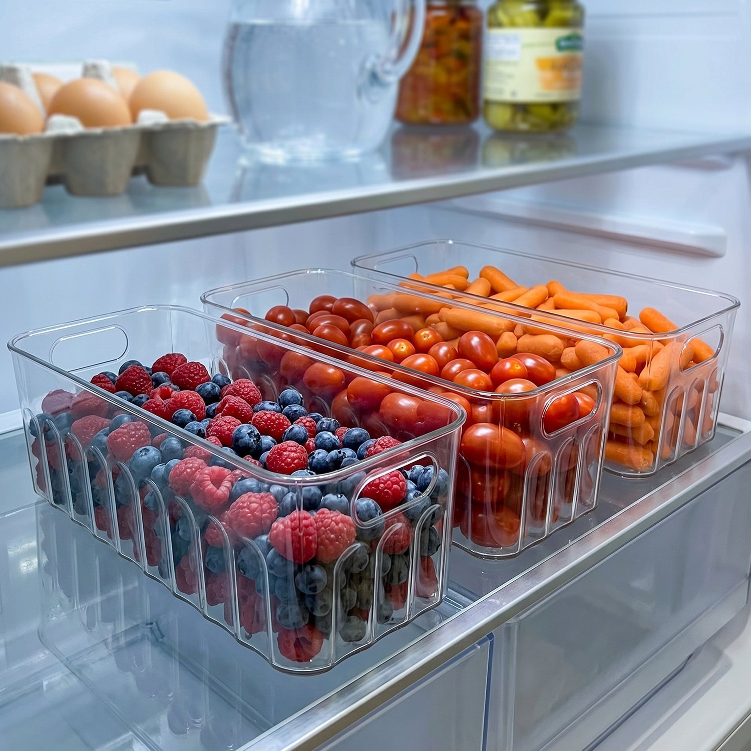 Compact plastic basket fitting neatly on fridge shelves and cabinets.
