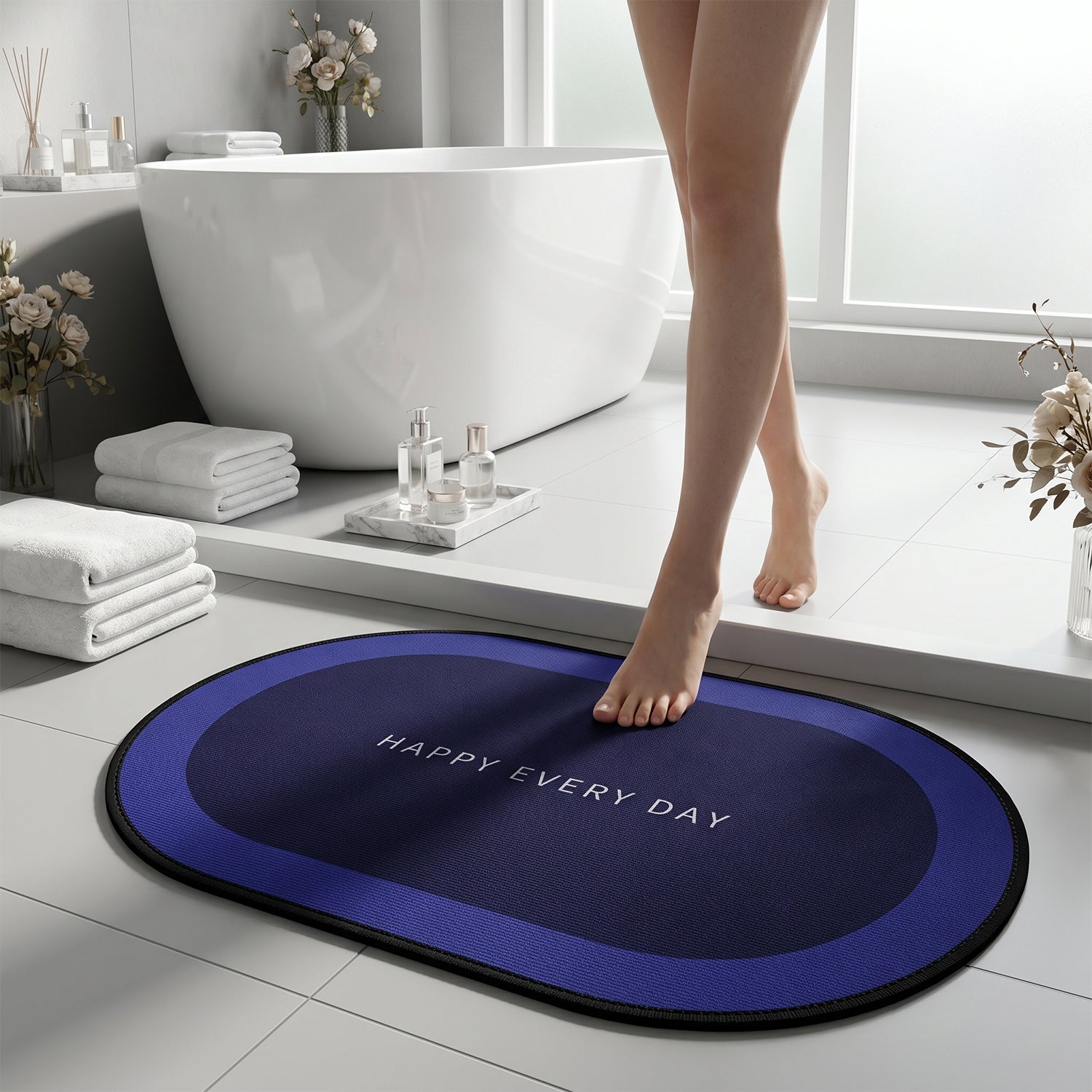 Blue bathroom floor mat in a bathroom setting, showing anti-slip backing