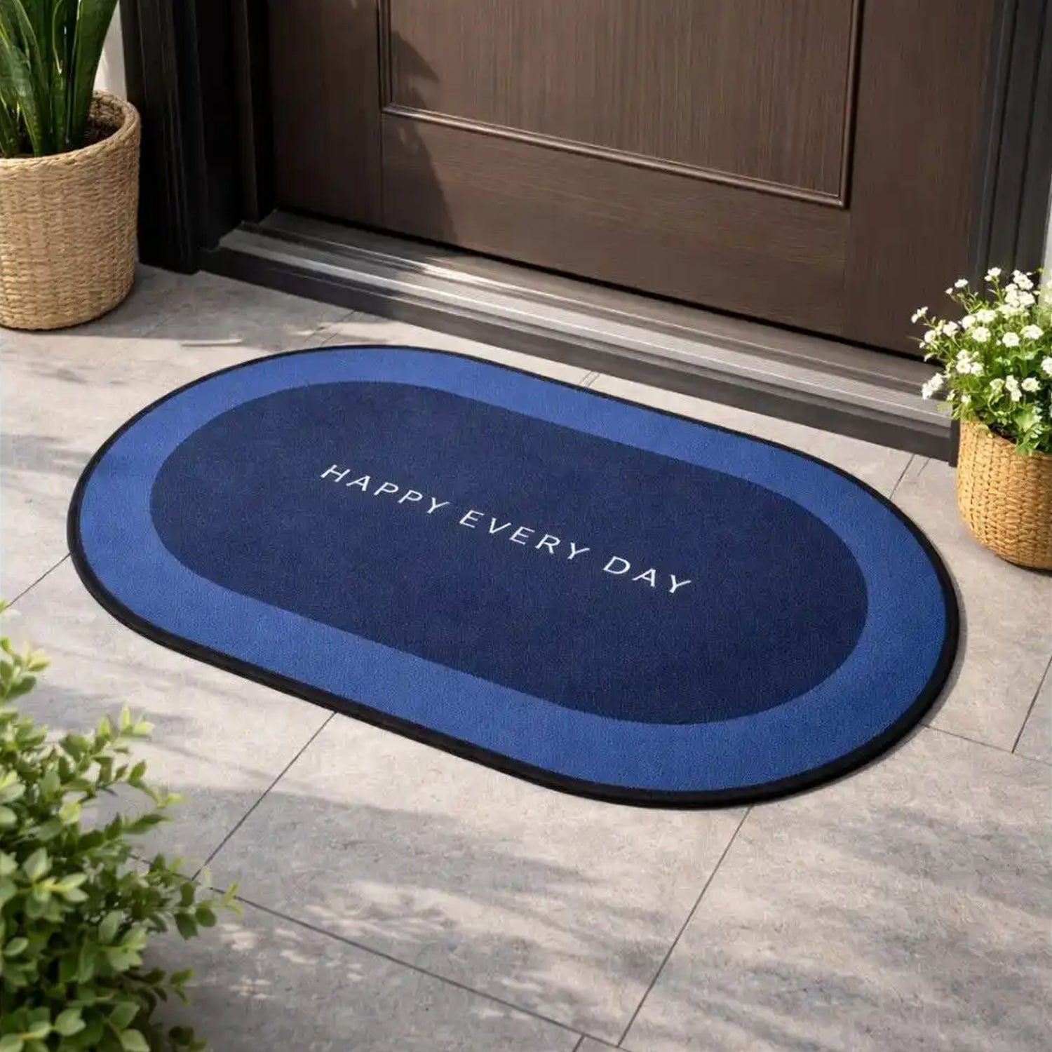 Blue bathroom mat with simple Happy Every Day design in modern bathroom