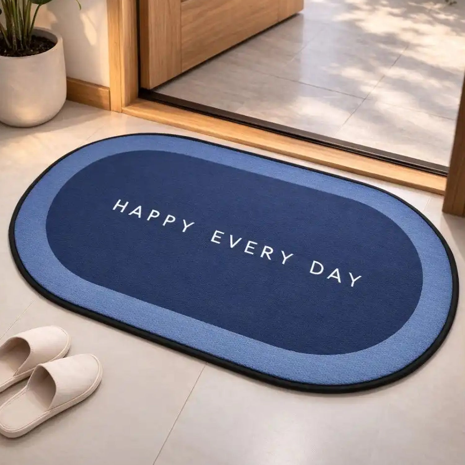 Versatile bathroom mat placed at bathroom entrance, highlighting compact oval shape