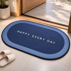 Versatile bathroom mat placed at bathroom entrance, highlighting compact oval shape