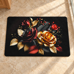 A rectangular black bath mat features a detailed floral pattern of red, gold, and dark leaves on a tiled floor.