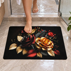 Bare feet step from a shower onto a black bath mat with an elegant red and gold rose and leaf arrangement.