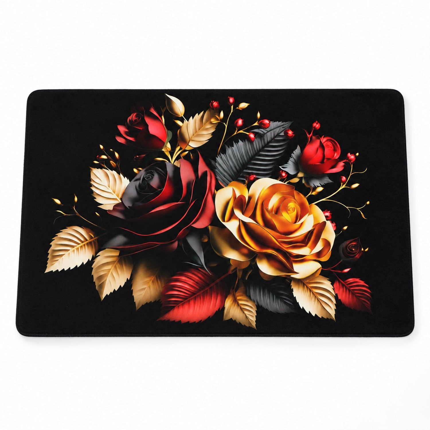 A rectangular black bath mat is adorned with a striking bouquet of red, gold, and dark-colored roses and foliage.