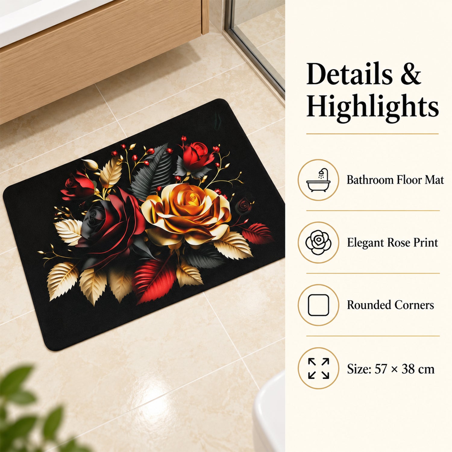 A black bath mat with a red and gold rose print is displayed next to a list of its features and dimensions.