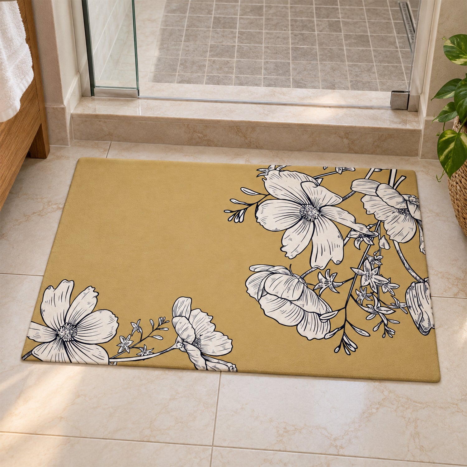 A rectangular mustard yellow bath mat with white line-drawn flowers rests on light-colored bathroom tiles.