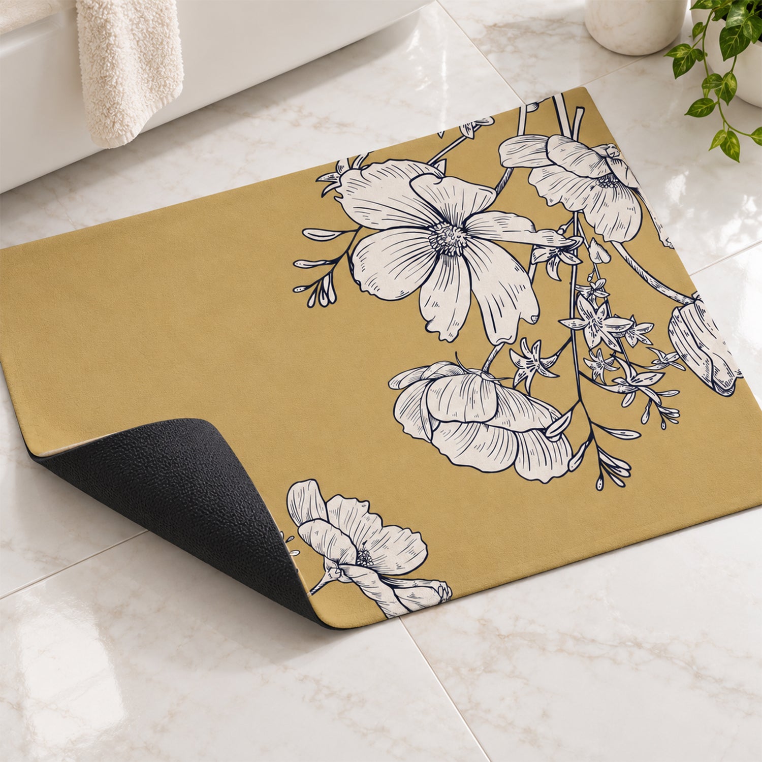 A corner of the mustard yellow mat is lifted, revealing its black anti-slip backing on a tiled floor.