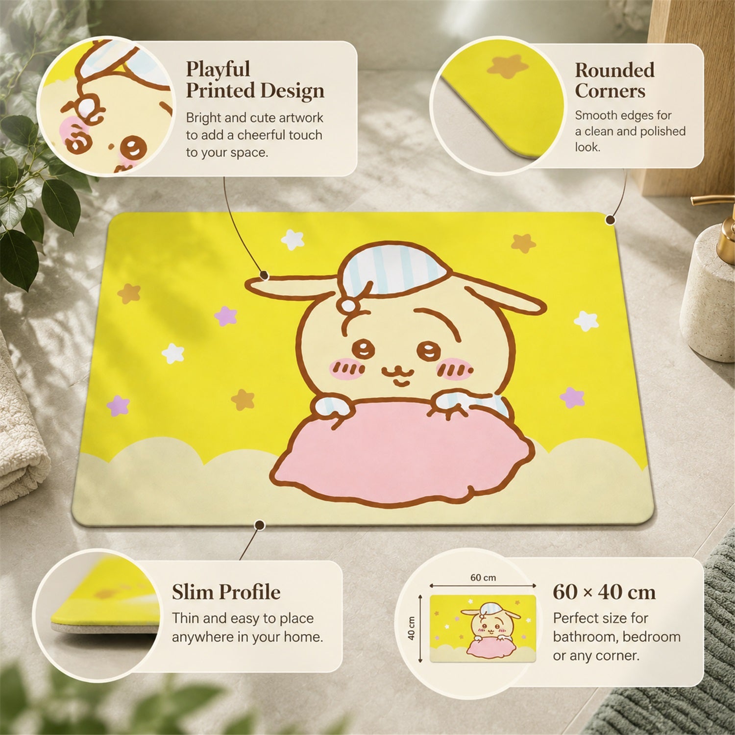An infographic highlights the yellow bath mat's playful design, rounded corners, slim profile, and dimensions.