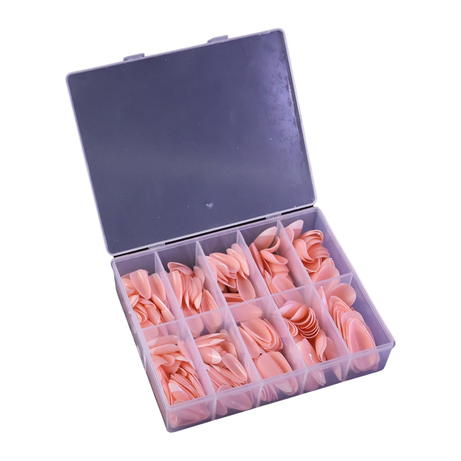 Neatly organized nail tips in a transparent storage box