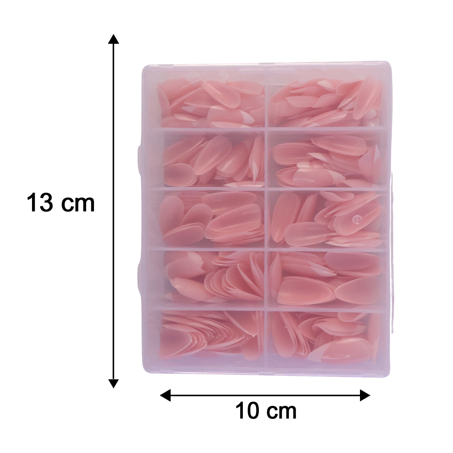 Size chart showing fitting options for artificial nail tips