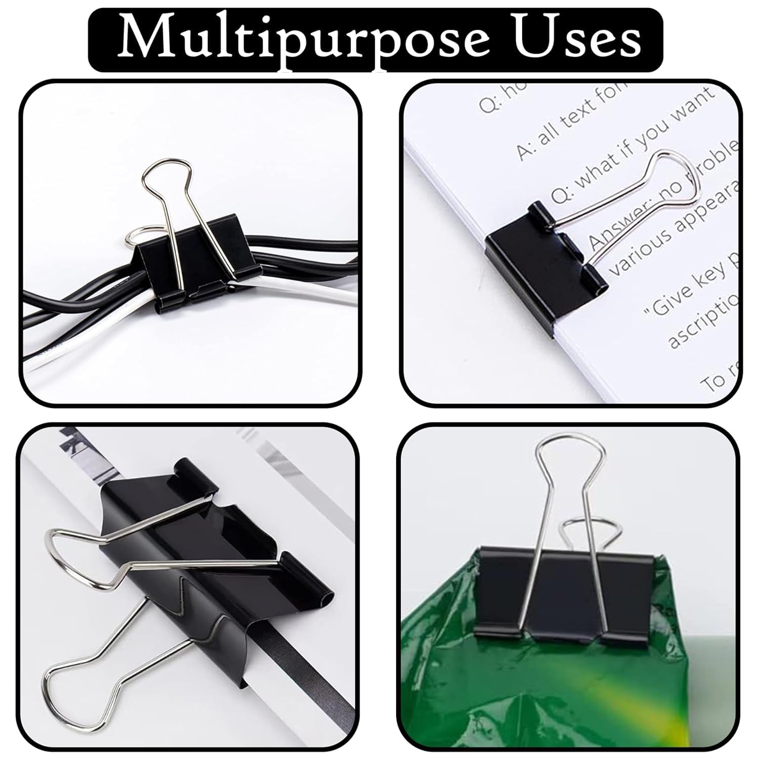 Four square insets show various uses for black binder clips: holding cables, papers, a poster, and a bag.