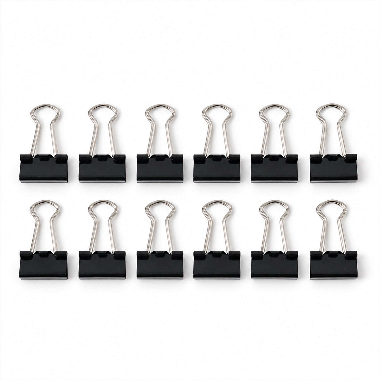Twelve black binder clips with shiny silver handles are displayed in two rows on a plain white background.