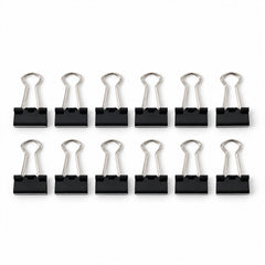 Twelve black binder clips with shiny silver handles are displayed in two rows on a plain white background.