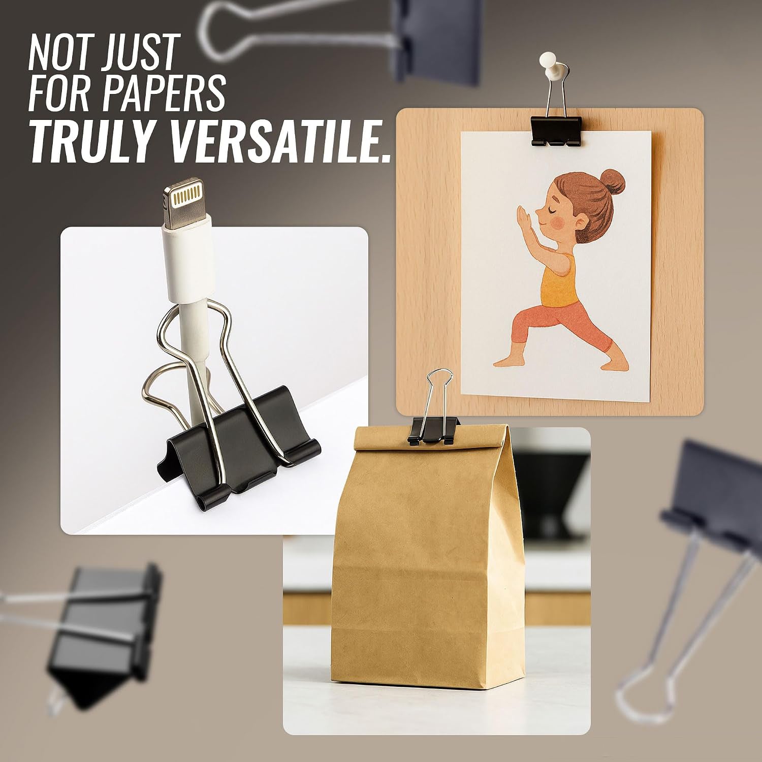 Three square insets show black binder clips holding a charging cable, a drawing on a wooden board, and a brown paper bag.