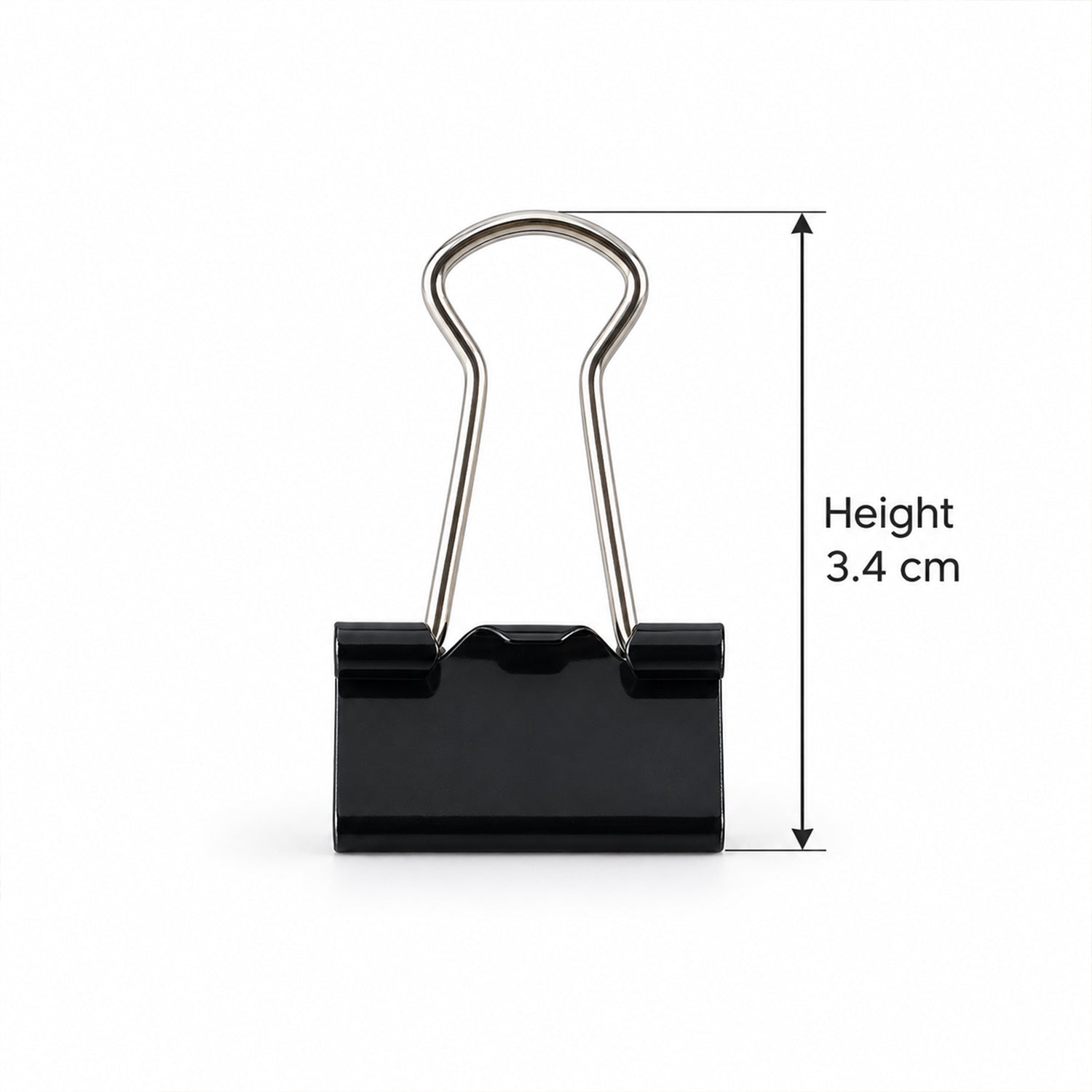 A single black binder clip with silver handles is shown on a white background, with a measurement of 3.4 cm height.