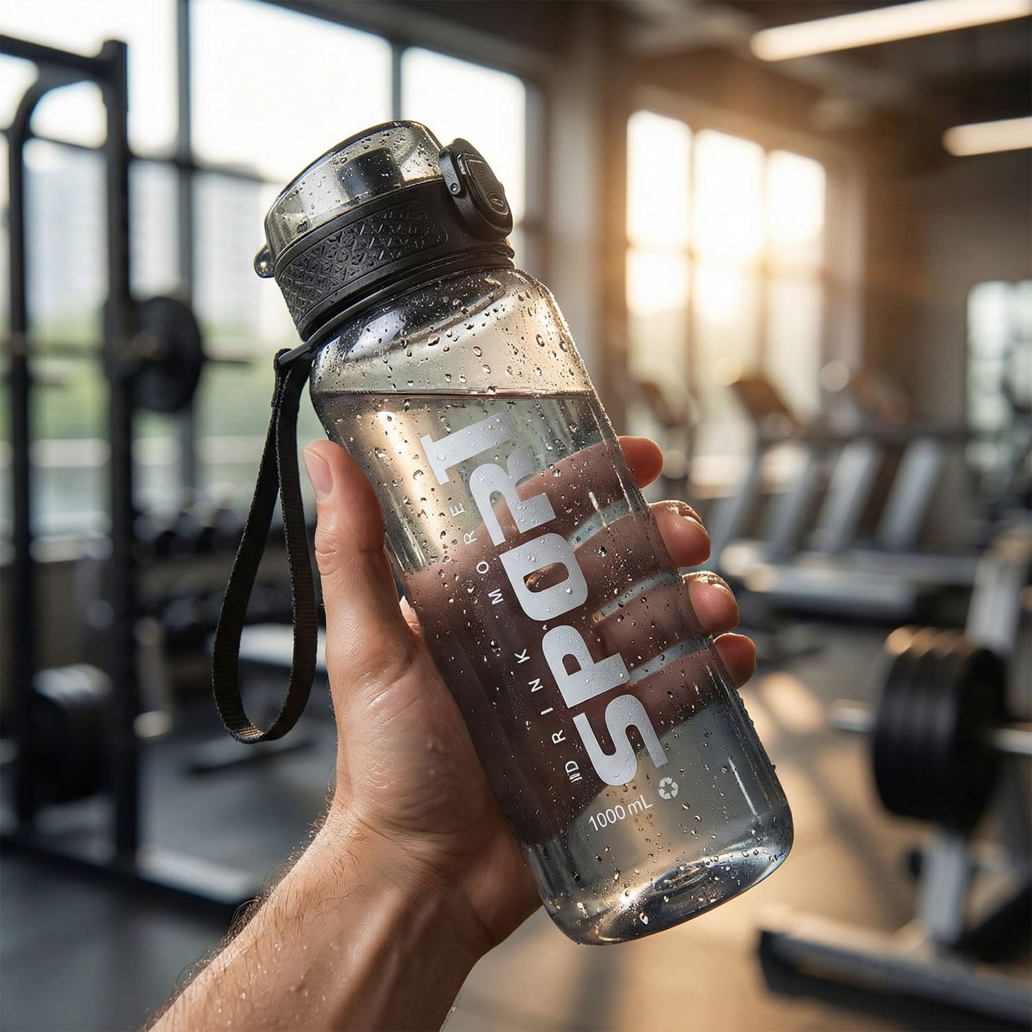 Black sports water bottle close up