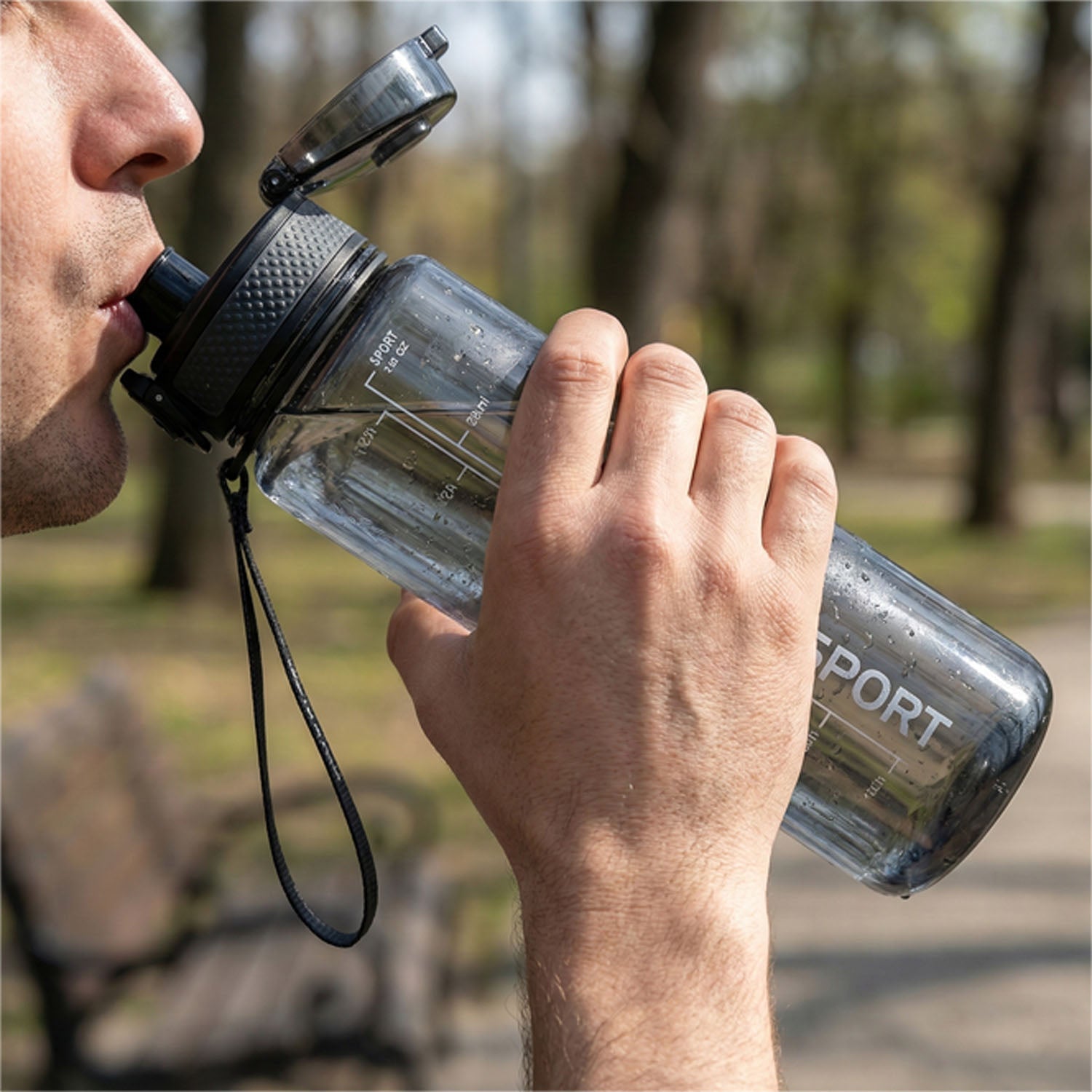 Black leakproof sports water bottle overview