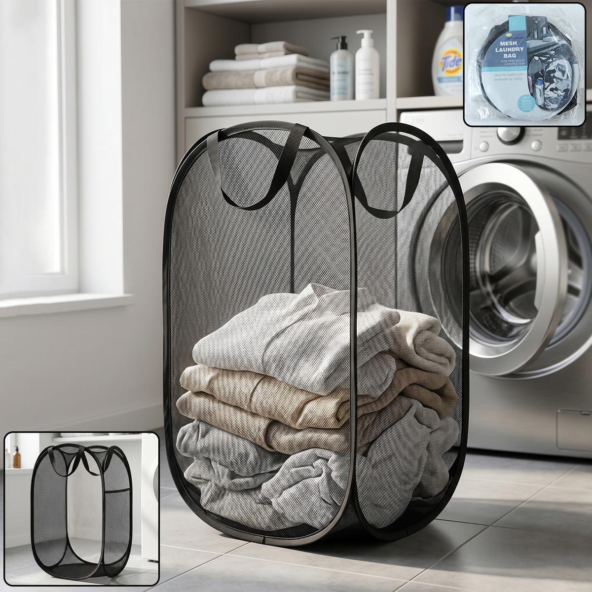Large Foldable Mesh Laundry Basket Durable Clothes Hamper (1 Pc, 36x36x60cm)