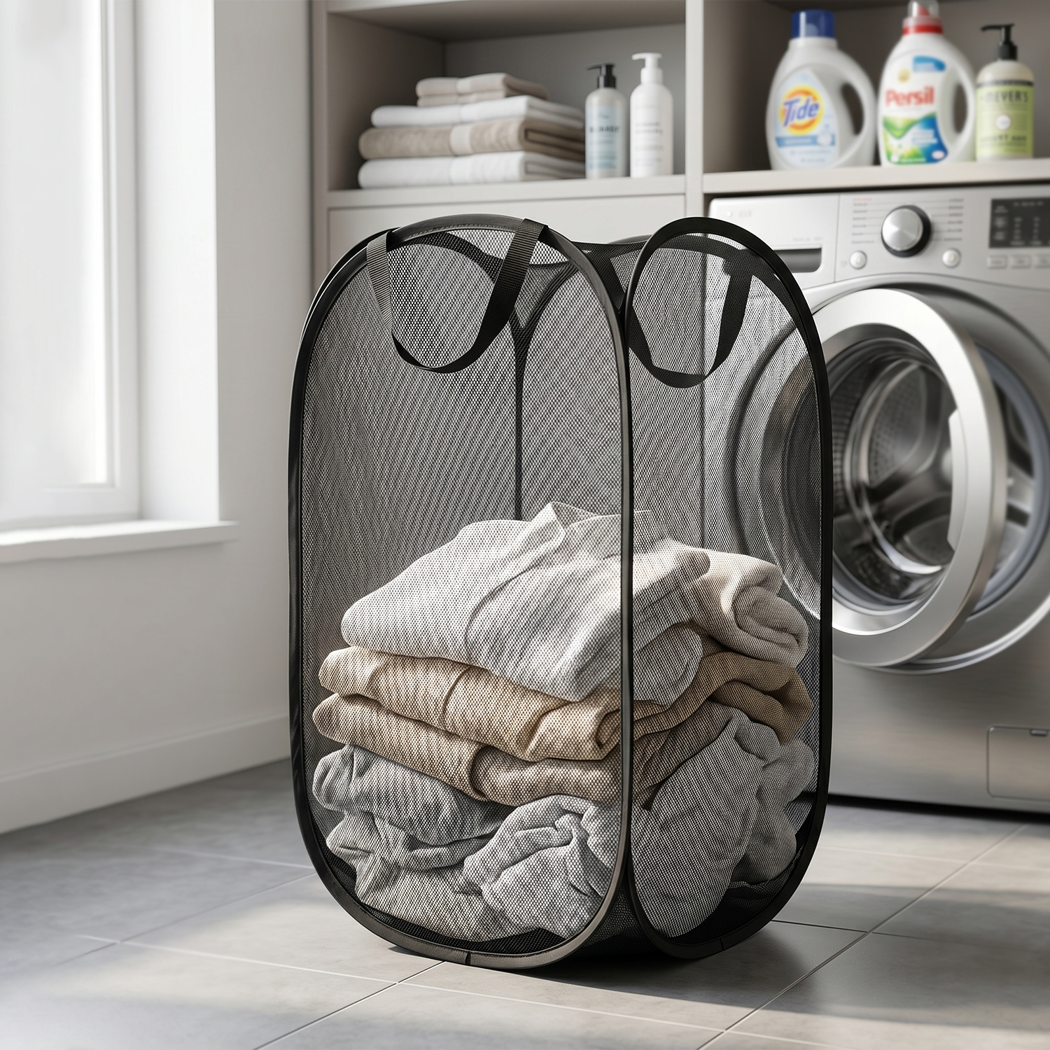 Large Foldable Mesh Laundry Basket Durable Clothes Hamper (1 Pc, 36x36x60cm)