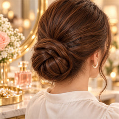 The back of a woman's head shows a styled bun with a black bobby pin, wearing pearl hoop earrings.
