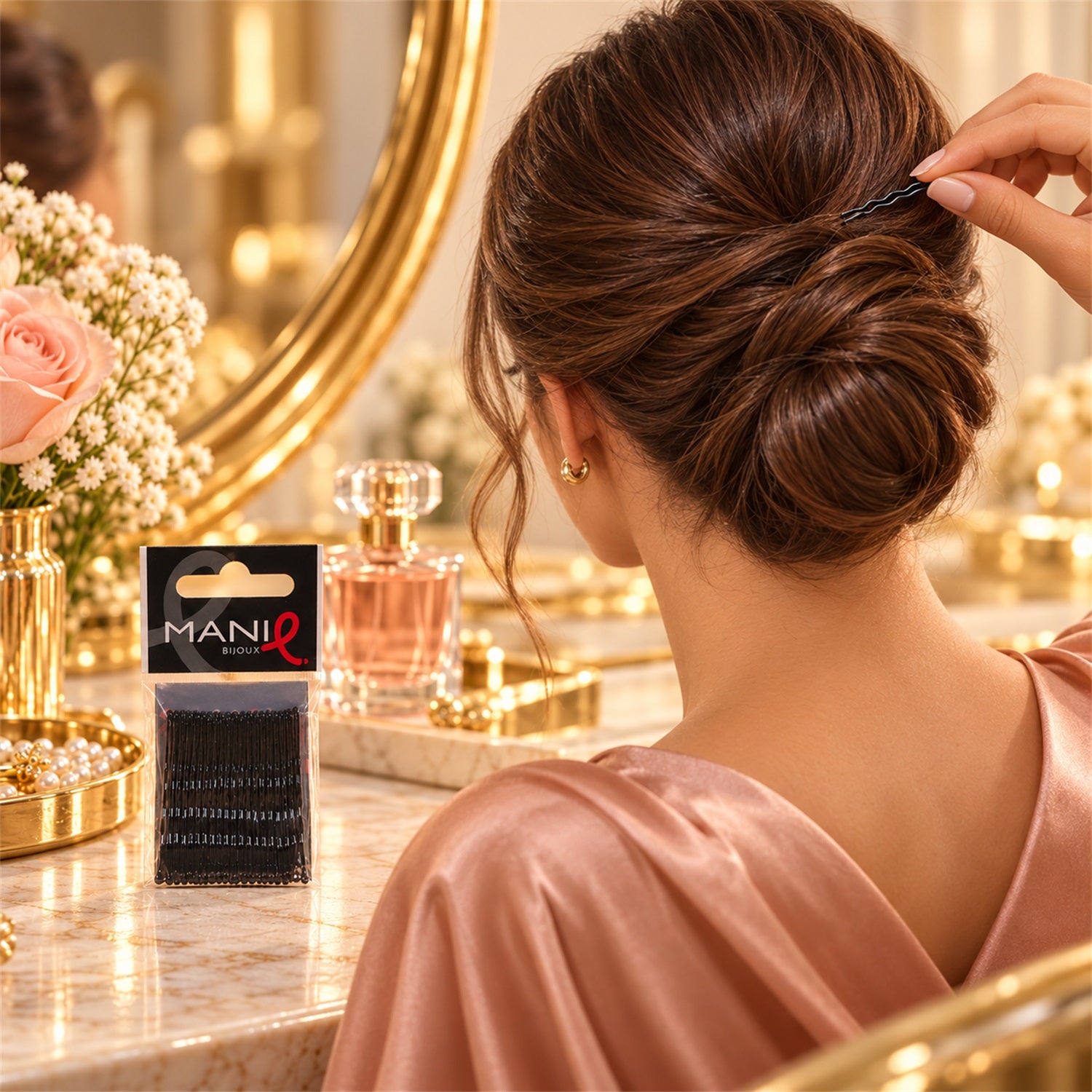 A woman with a neat bun hairstyle inserts a black bobby pin, with a pack of pins on a vanity table.