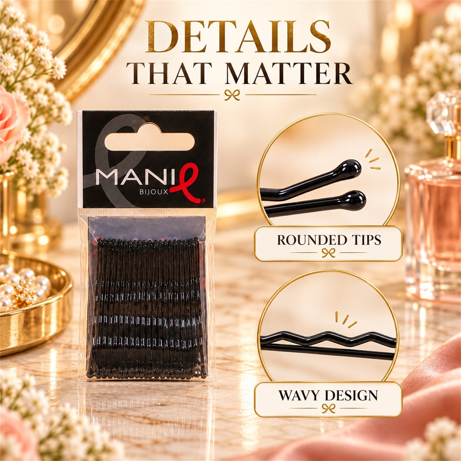 A pack of black bobby pins on a marble surface, with close-ups highlighting rounded tips and wavy design.