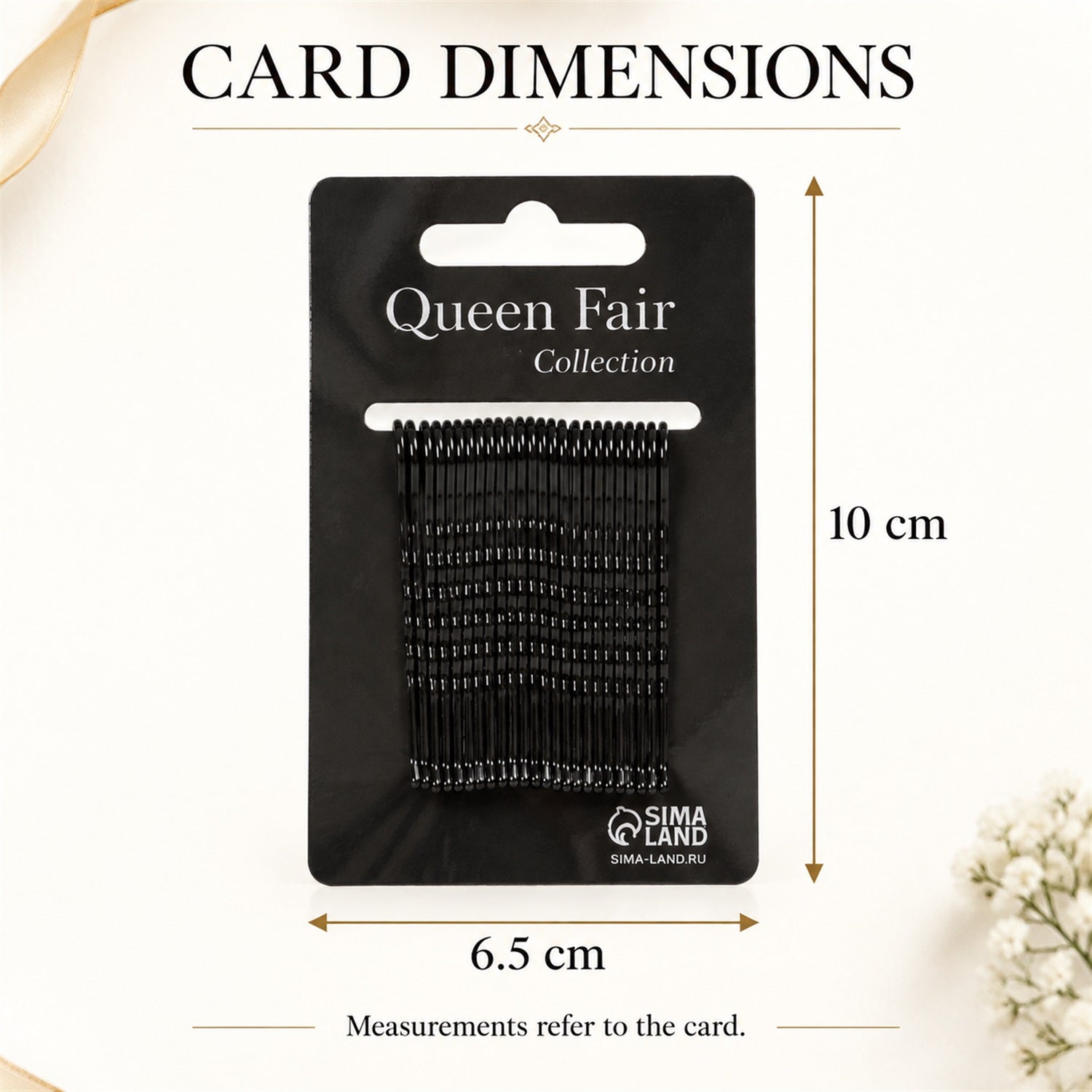 A black card of bobby pins shows dimensions: 10 cm height and 6.5 cm width, on a white background.