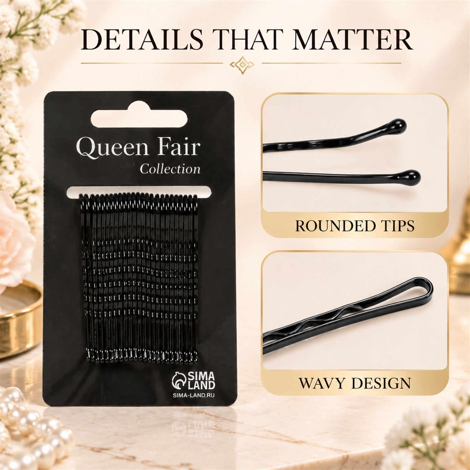 A black card of bobby pins is next to two close-ups showing rounded tips and a wavy design on the pins.