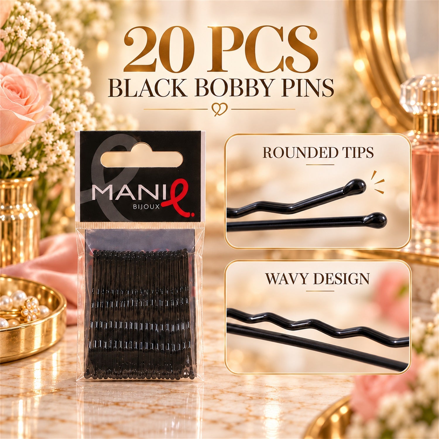 A package of black bobby pins on a marble surface, with insets showing the rounded tips and wavy design.