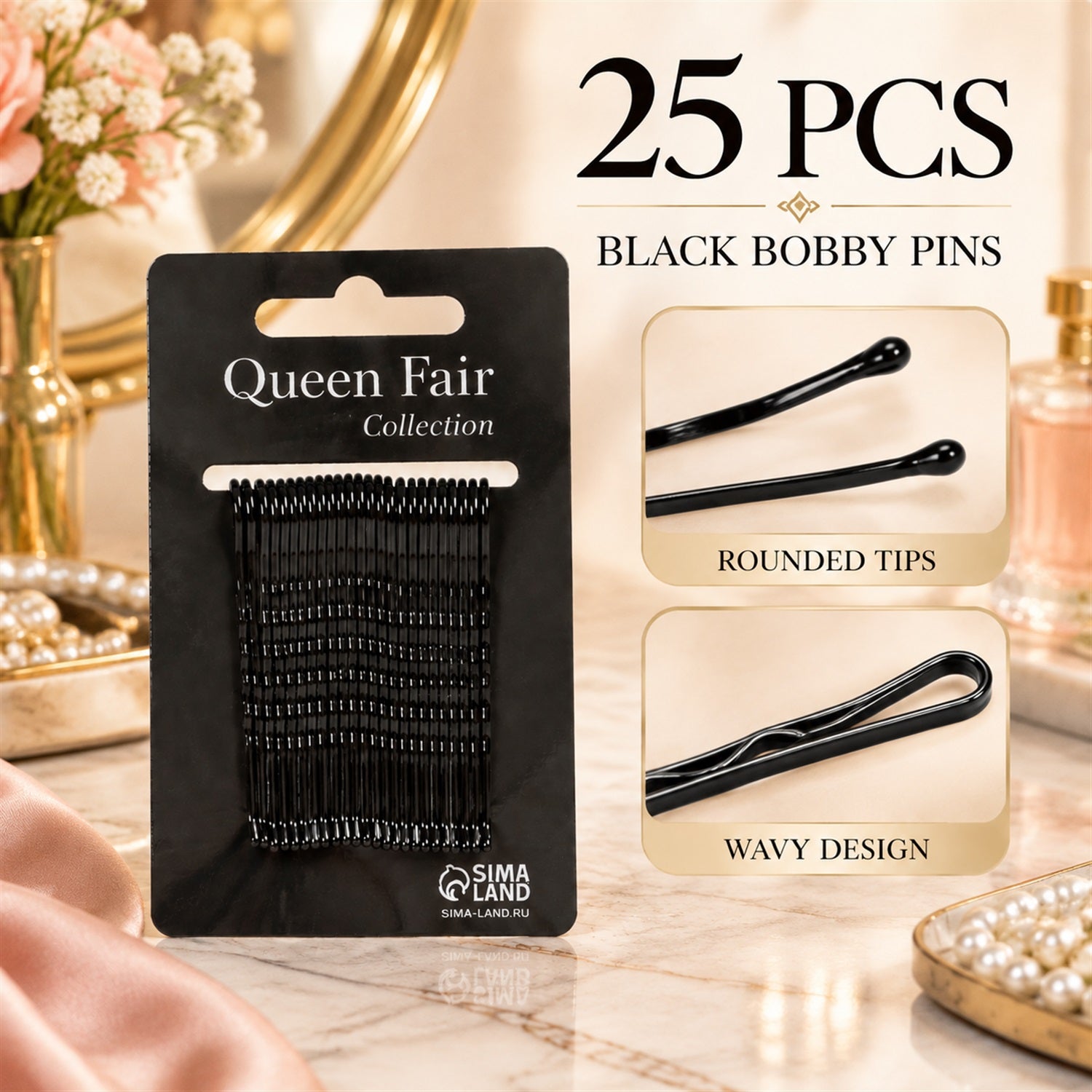 A black card of bobby pins is shown with text