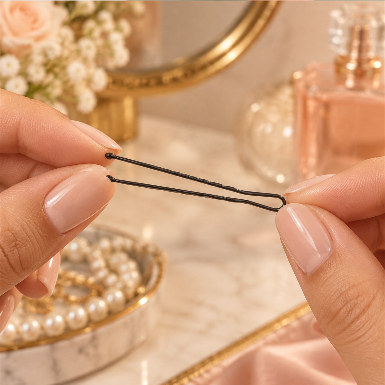 Two hands hold a single black bobby pin, stretching it slightly, against a blurred vanity background.