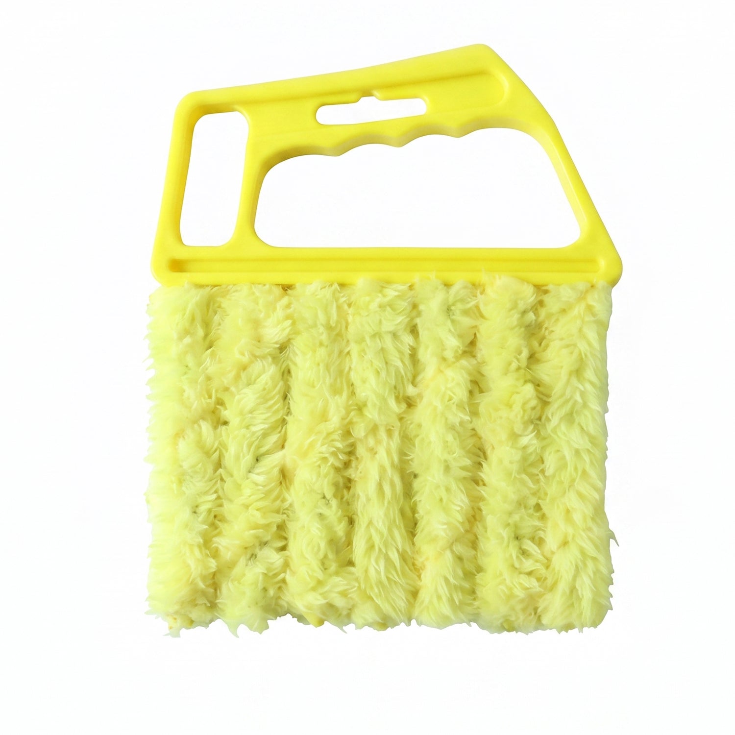 A bright yellow microfiber blind cleaner with a plastic handle and five microfiber fingers, on a white background.