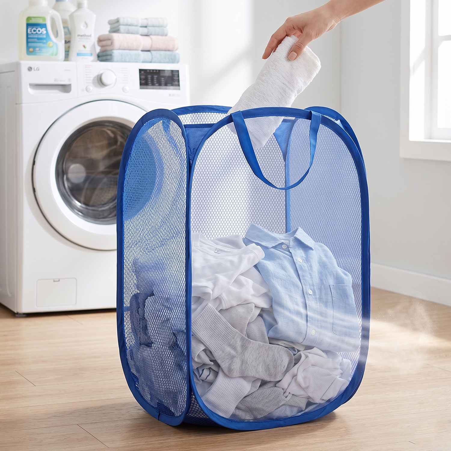 Pop Up Mesh Laundry Basket Lightweight Clothes Hamper (1 Pc,34x34x58cm)