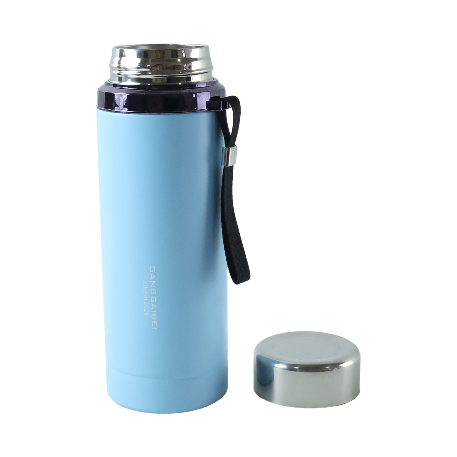 Stainless steel vacuum flask on white background