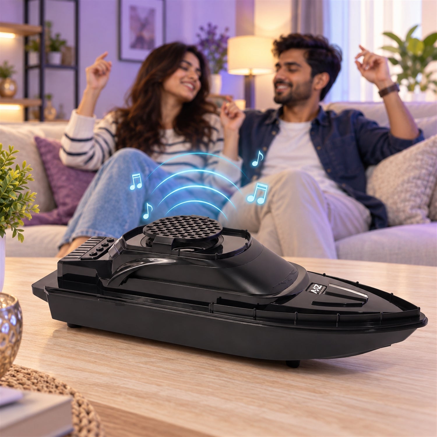 A black boat-shaped speaker on a wooden table, with a joyful couple dancing on a sofa in the soft-focus background.