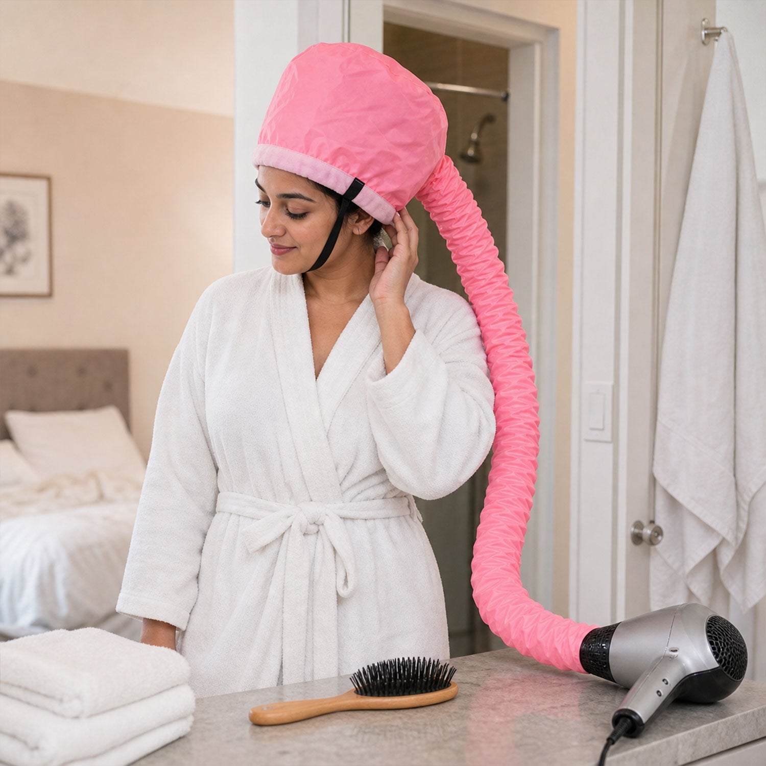Adjustable hooded drying cap with elastic hose