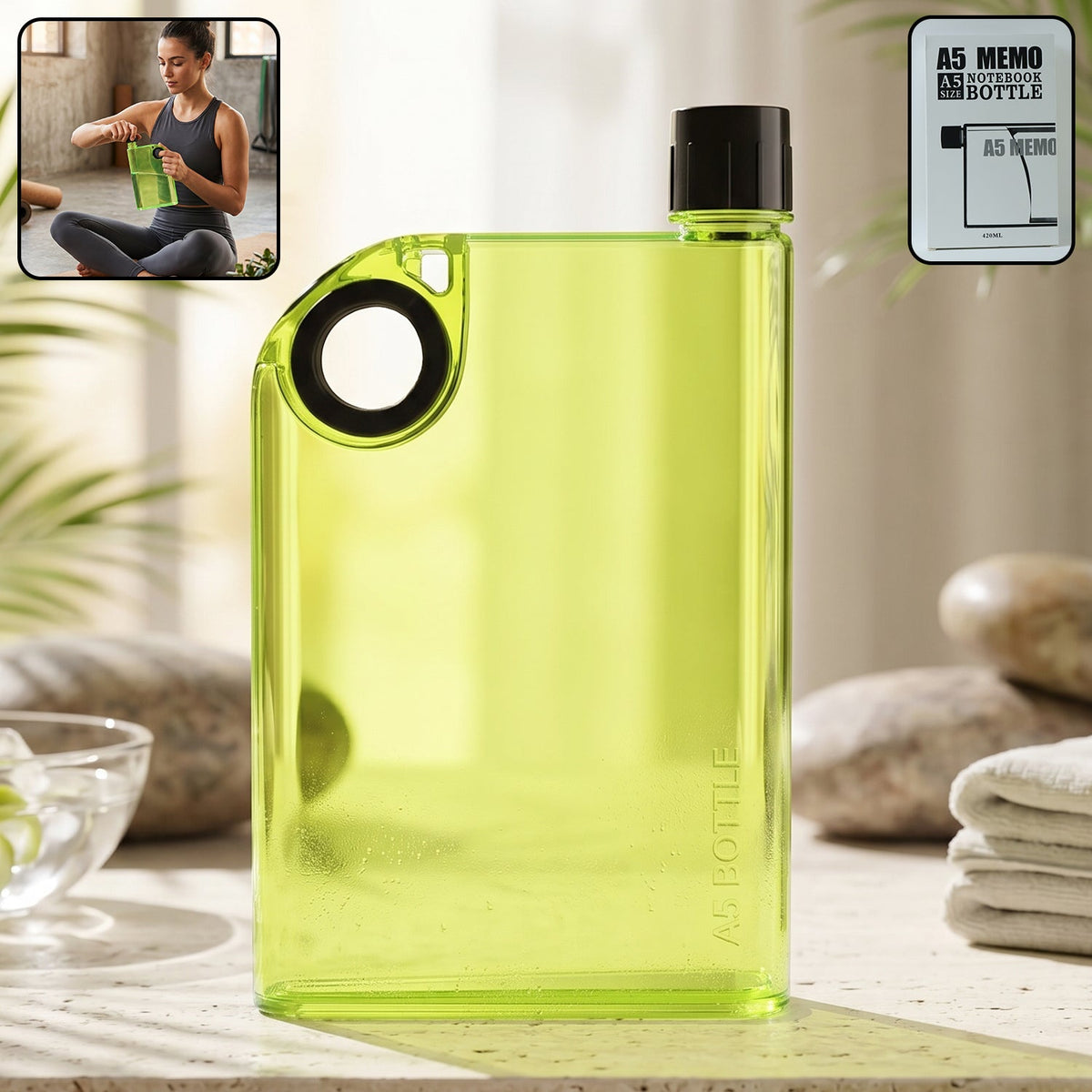 A5 Memo Notebook Shape Water Bottle 420 ML Slim Flat Portable (1 Pc)