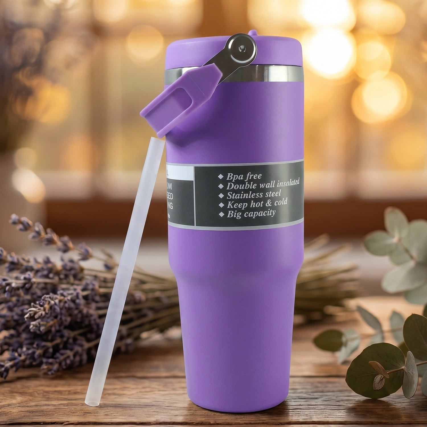 Reusable straw included with vacuum insulated travel mug