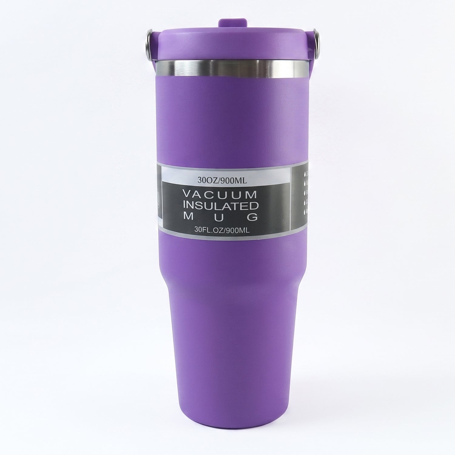 Ergonomic handle on stainless steel vacuum insulated mug