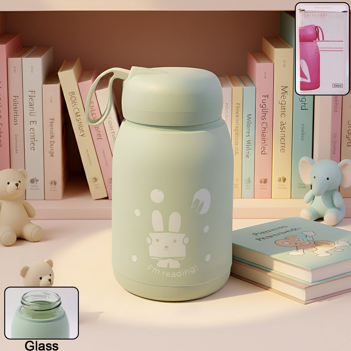 Rabbit printed insulated glass water bottle with bamboo lid, 330ml capacity