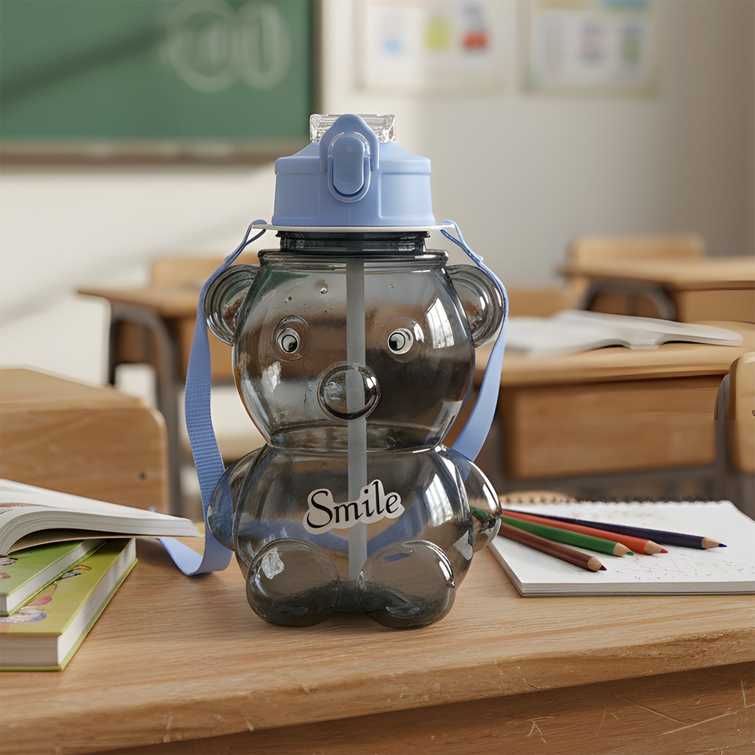 Kids Cartoon Bear Water Bottle with Straw & Shoulder Strap (1 Pc)