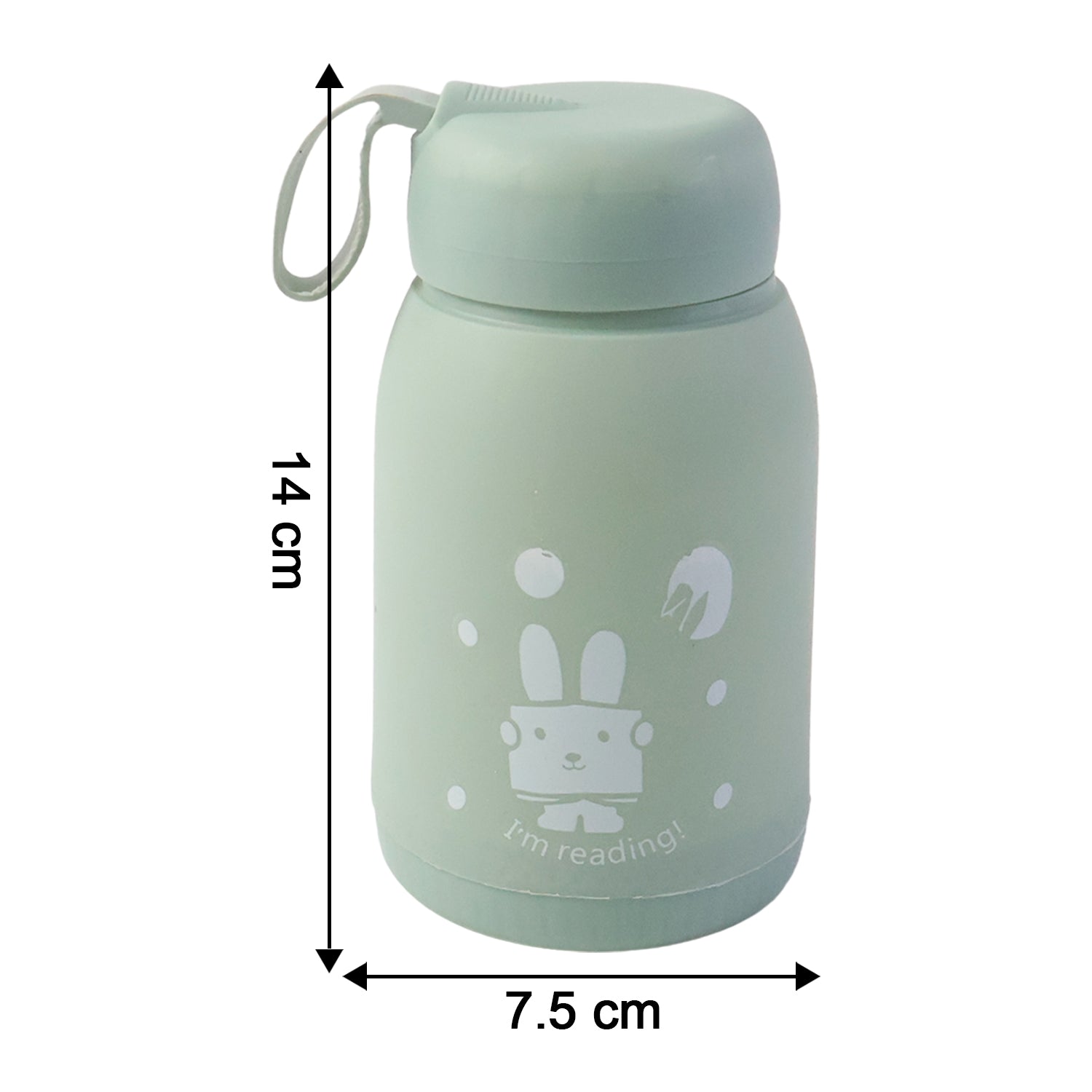 Hand holding rabbit printed insulated glass water bottle for gym use