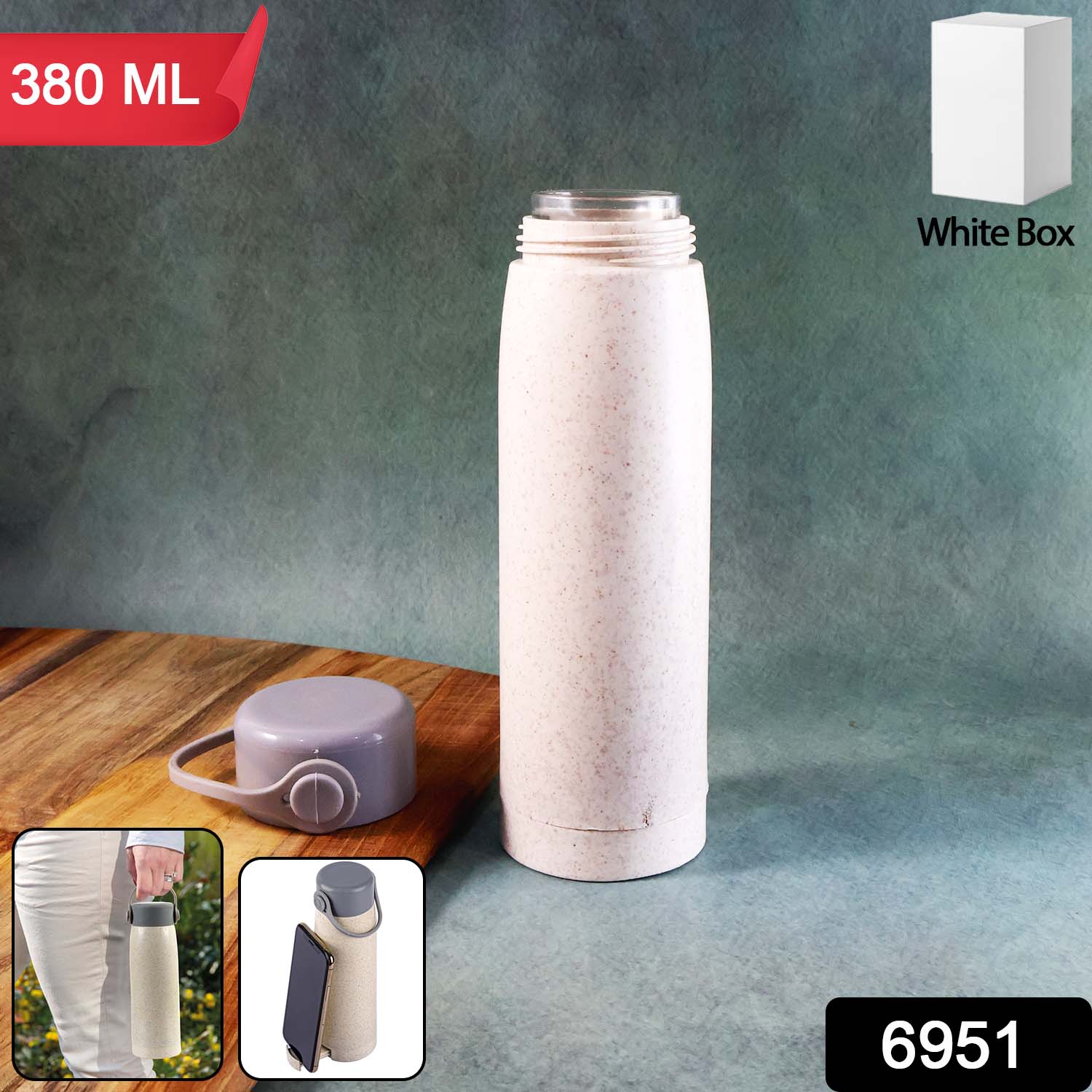 Glass water bottle side angle with phone holder