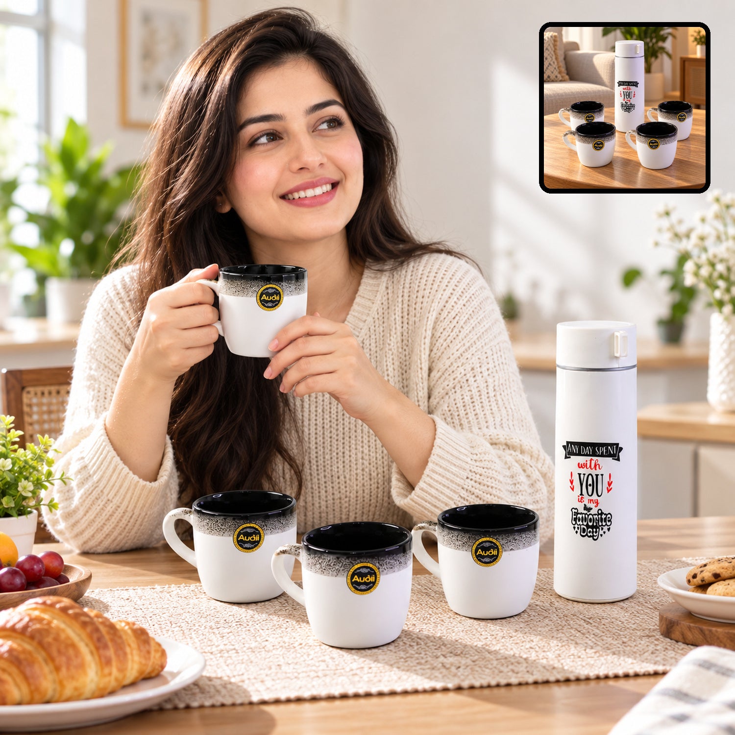 White insulated bottle with a quote and four white ceramic mugs with speckled black rims on a white background.