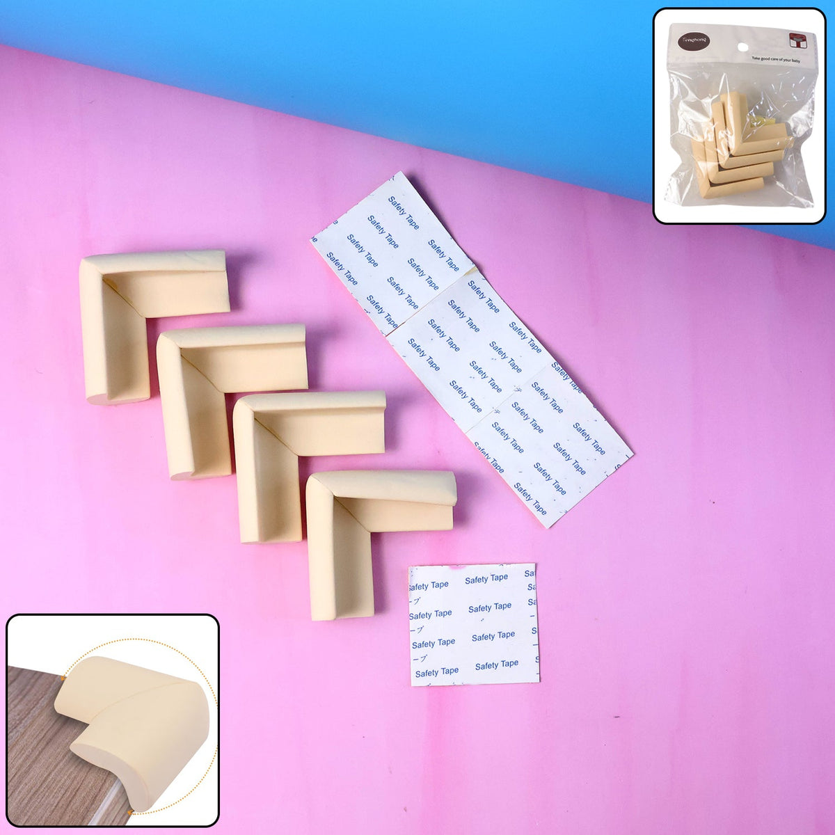 Soft foam corner protectors installed on a table edge