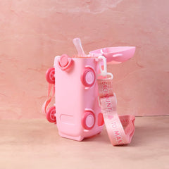 Bus Shaped Kids Water Bottle with Strap – 500ml Cute Cartoon Design With Sticker
