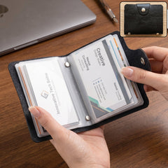 Black PU leather card holder wallet with 12 clear pockets for cards.